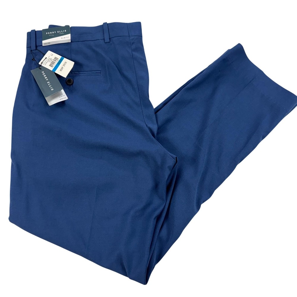 Perry Ellis Dress Pants Mens 36x30 (Fit 38x30) Blue Slim Fit Stretch NEW $80